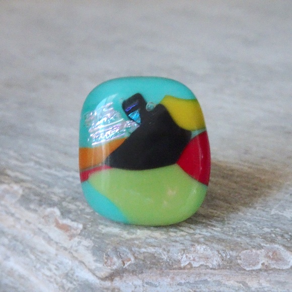 Artsy Iridescent Unique Colorful Dichroic Handblown Glass Square Statement Ring - Picture 7 of 8